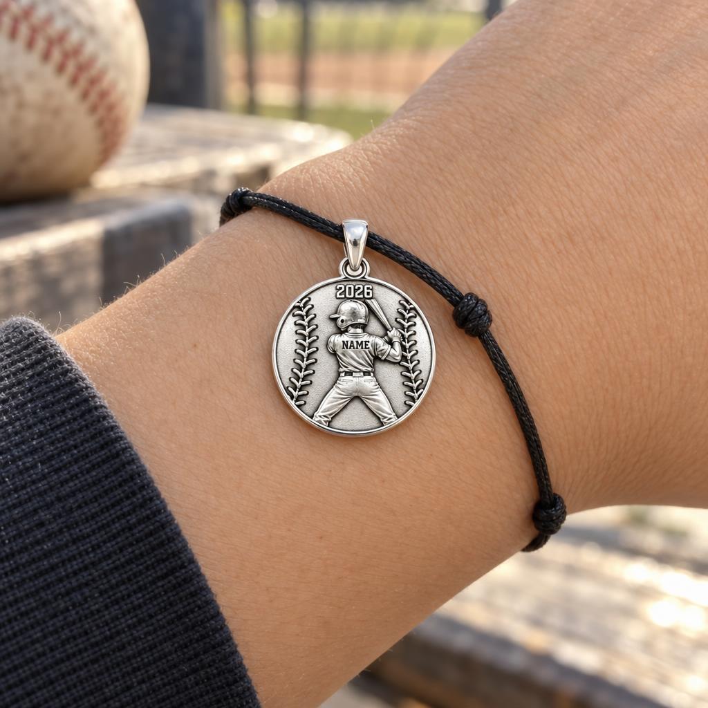 Home Run Hitter Charm Bracelet – Personalized Baseball Gift – worn on the wrist on a black cord bracelet