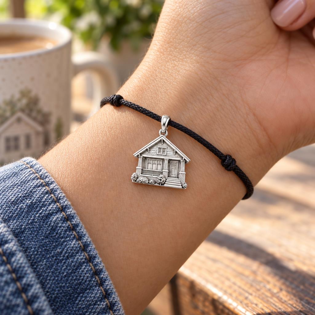Home Sweet Home Charm Bracelet – Personalized New Home Gift – worn on the wrist on a black cord bracelet