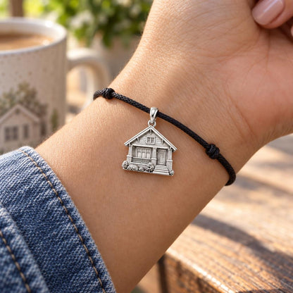 Home Sweet Home Charm Bracelet – Personalized New Home Gift – worn on the wrist on a black cord bracelet