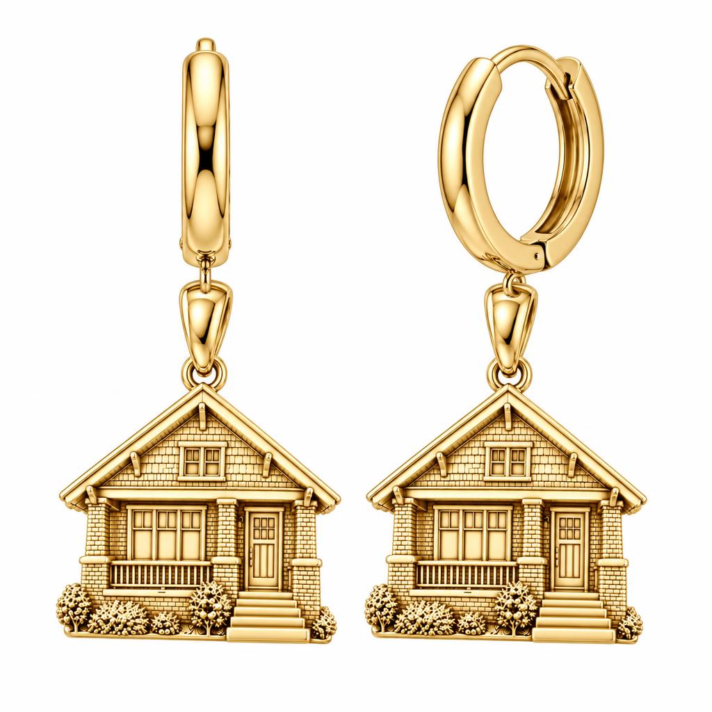Home Sweet Home Custom Photo Huggie Charm Earrings – 18K gold, front view