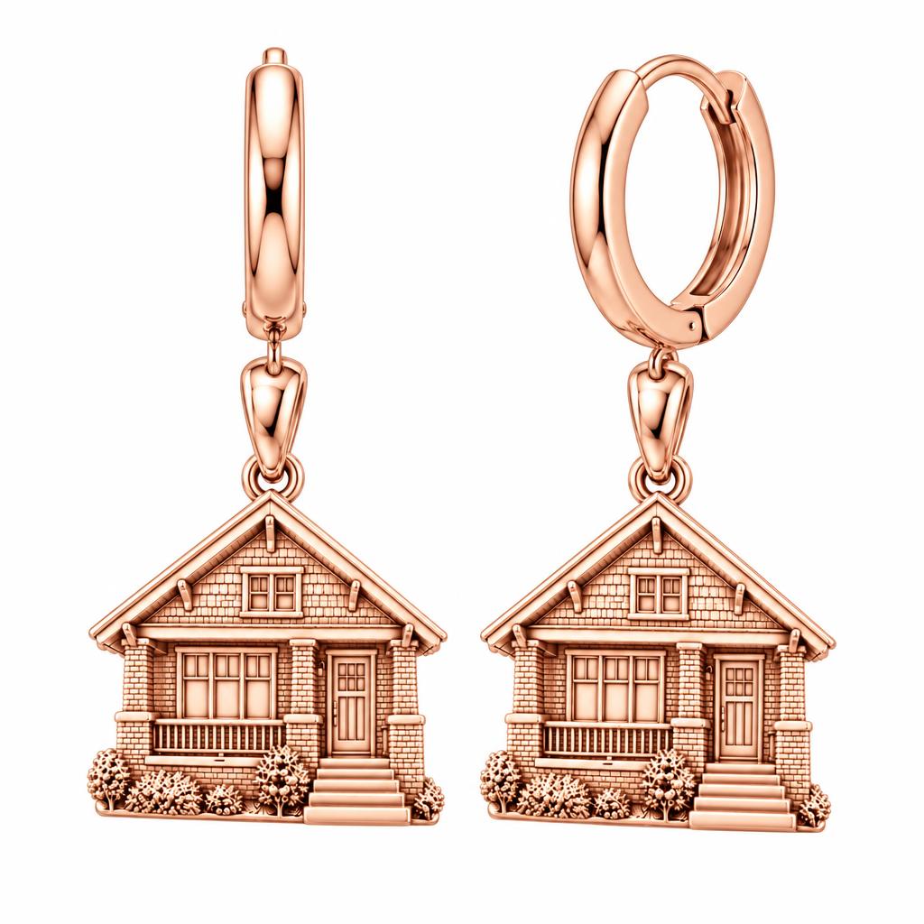 Home Sweet Home Custom Photo Huggie Charm Earrings – rose gold, front view