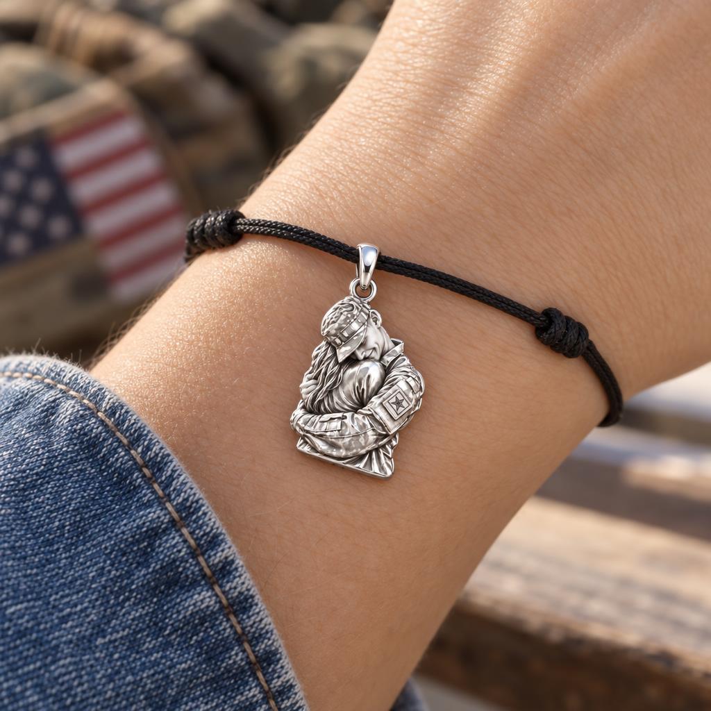 Homecoming Hug Charm Bracelet – Personalized Photo Upload Gift – worn on the wrist on a black cord bracelet