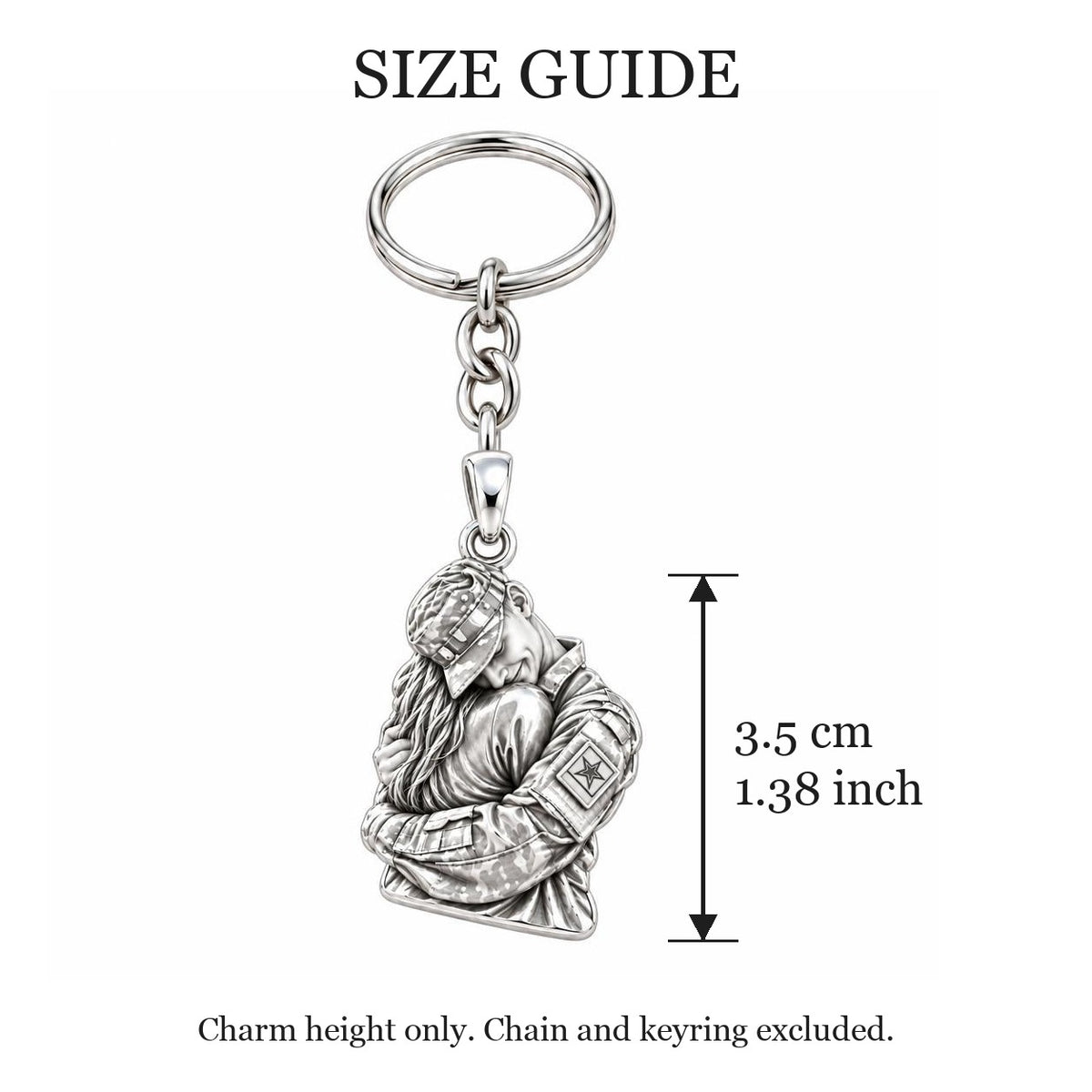Homecoming Hug Charm Keychain – size guide, 3.5 cm (1.38 in) charm, chain and keyring excluded