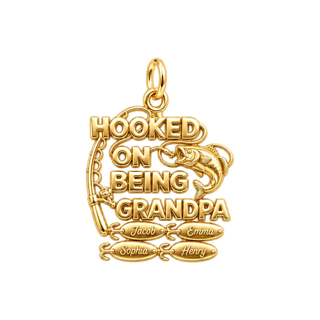 Hooked on Being Grandpa Charm Bracelet – Personalized Grandpa Gift – 18K gold plated 3 cm charm, front view