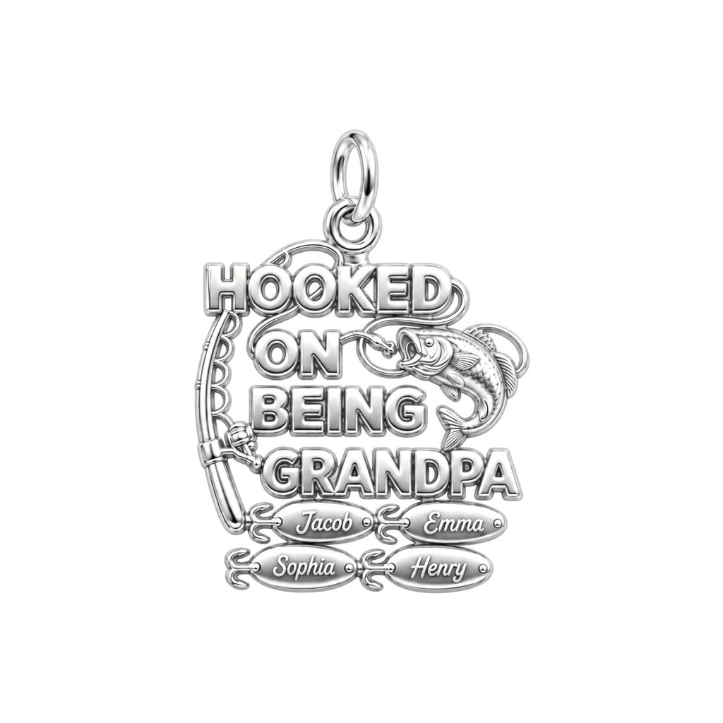 Hooked on Being Grandpa Charm Bracelet – Personalized Grandpa Gift – silver plated 3 cm charm, front view