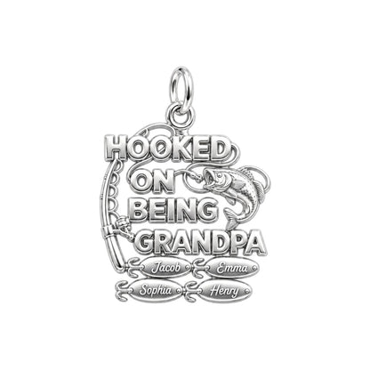 Hooked on Being Grandpa Charm Bracelet – Personalized Grandpa Gift – silver plated 3 cm charm, front view
