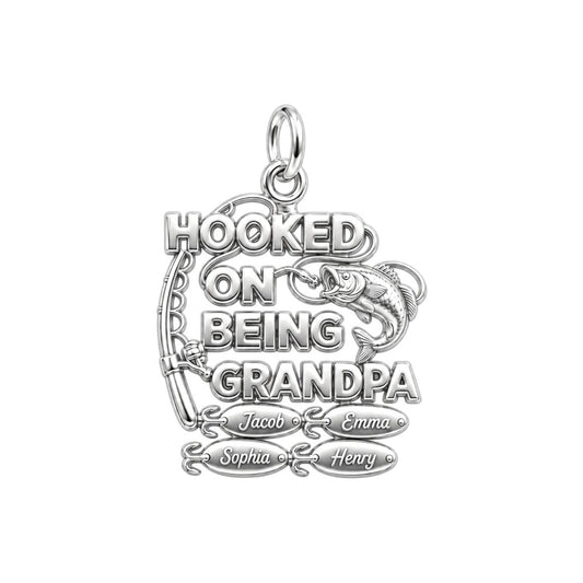 Hooked on Being Grandpa Charm Bracelet – Personalized Grandpa Gift – silver plated 3 cm charm, front view