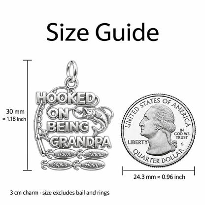 Hooked on Being Grandpa Charm Bracelet – Personalized Grandpa Gift – size guide, 3 cm charm next to a quarter