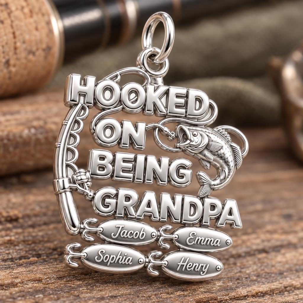Hooked on Being Grandpa Charm Bracelet – Personalized Grandpa Gift – macro detail of the charm