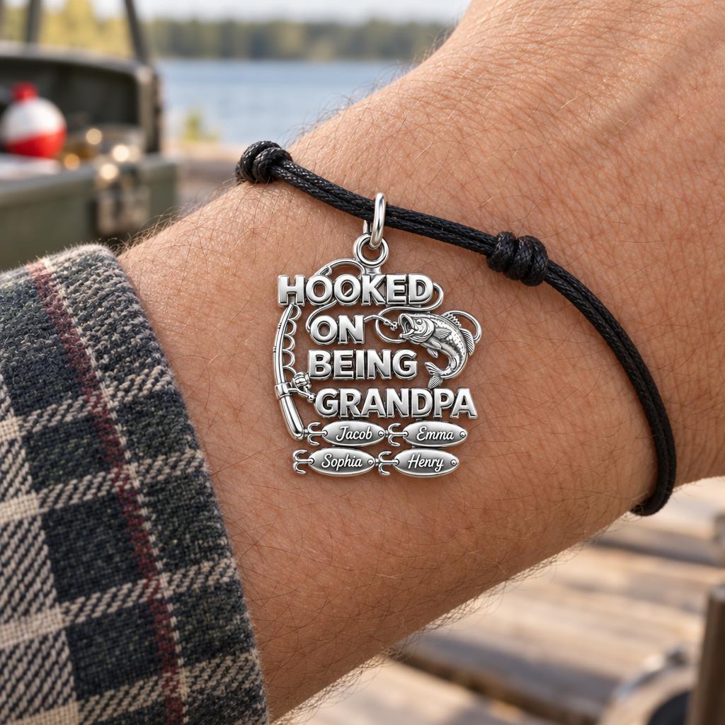Hooked on Being Grandpa Charm Bracelet – Personalized Grandpa Gift – worn on the wrist on a black cord bracelet