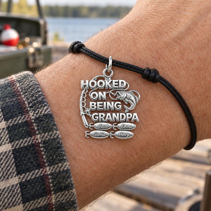 Hooked on Being Grandpa Charm Bracelet – Personalized Grandpa Gift – worn on the wrist on a black cord bracelet