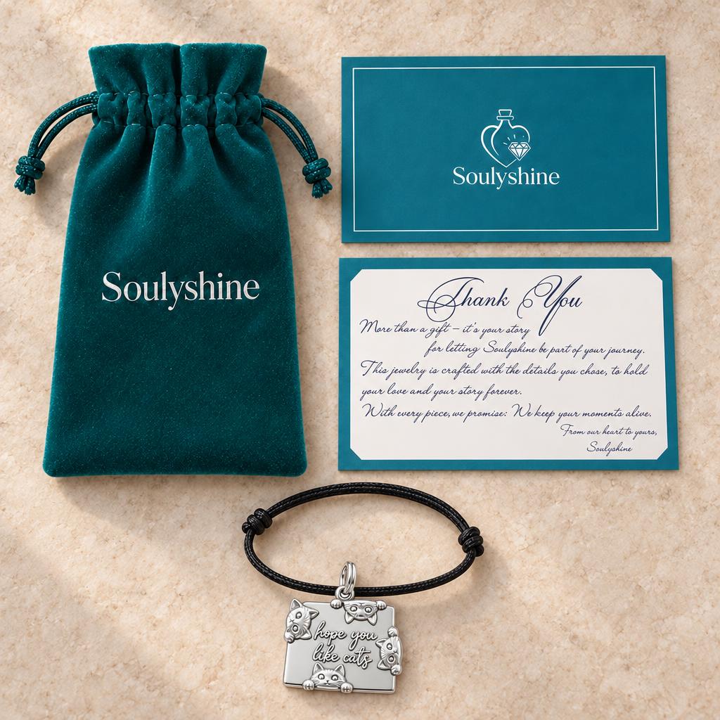 Hope You Like Cats Charm Bracelet – Personalized Cat Mom Gift – Soulyshine velvet pouch and gift card