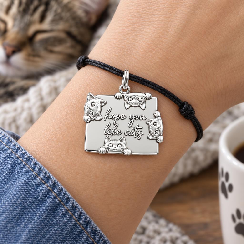 Hope You Like Cats Charm Bracelet – Personalized Cat Mom Gift – worn on the wrist on a black cord bracelet