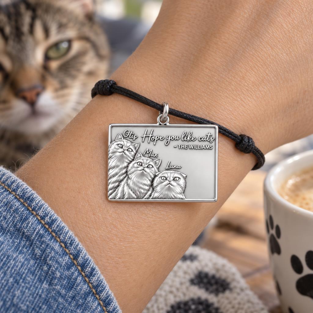 Hope You Like Cats Charm Bracelet – Personalized Cat Mom Gift – worn on the wrist on a black cord bracelet