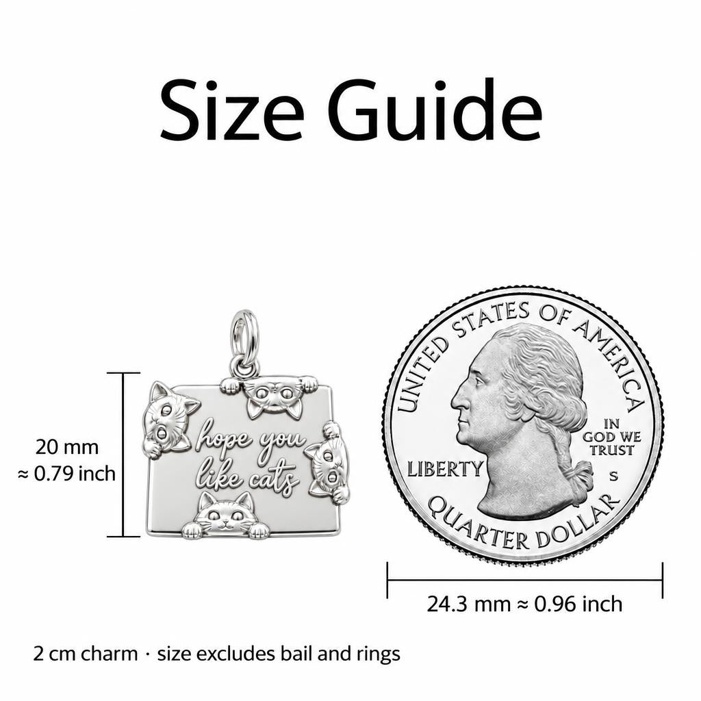 Hope You Like Cats Charm Necklace Set – size guide, 13 mm charm next to a quarter