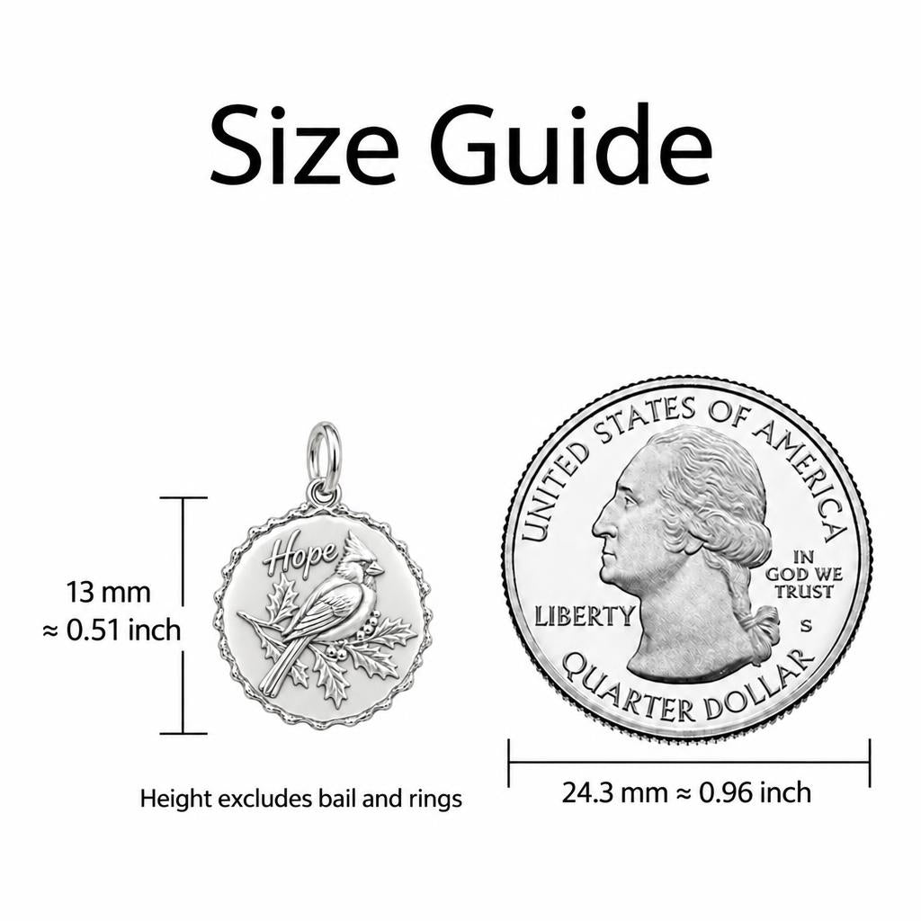 Hopeful Winter Cardinal Charm Bracelet Set – size guide, 13 mm charm next to a quarter
