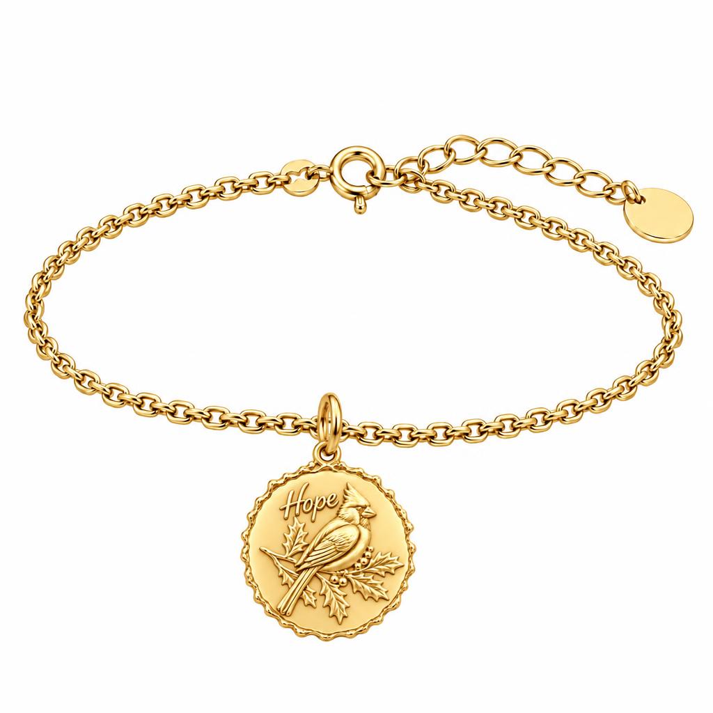 Hopeful Winter Cardinal Charm Bracelet Set – 18K gold, front view
