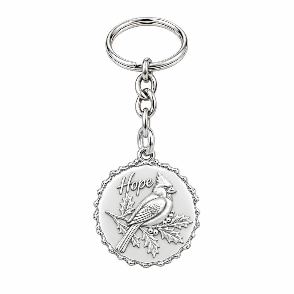 Hopeful Winter Cardinal Charm Keychain – silver, front view
