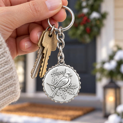 Hopeful Winter Cardinal Charm Keychain – worn / in use
