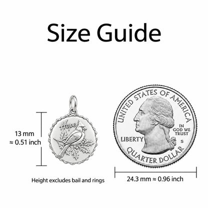 Hopeful Winter Cardinal Charm Keychain – size guide, 13 mm charm next to a quarter