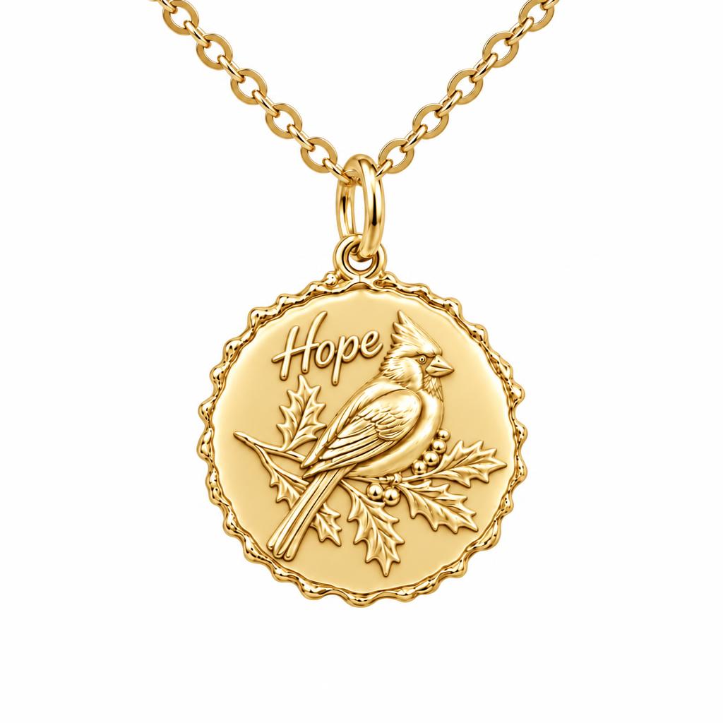 Hopeful Winter Cardinal Charm Necklace Set – 18K gold, front view