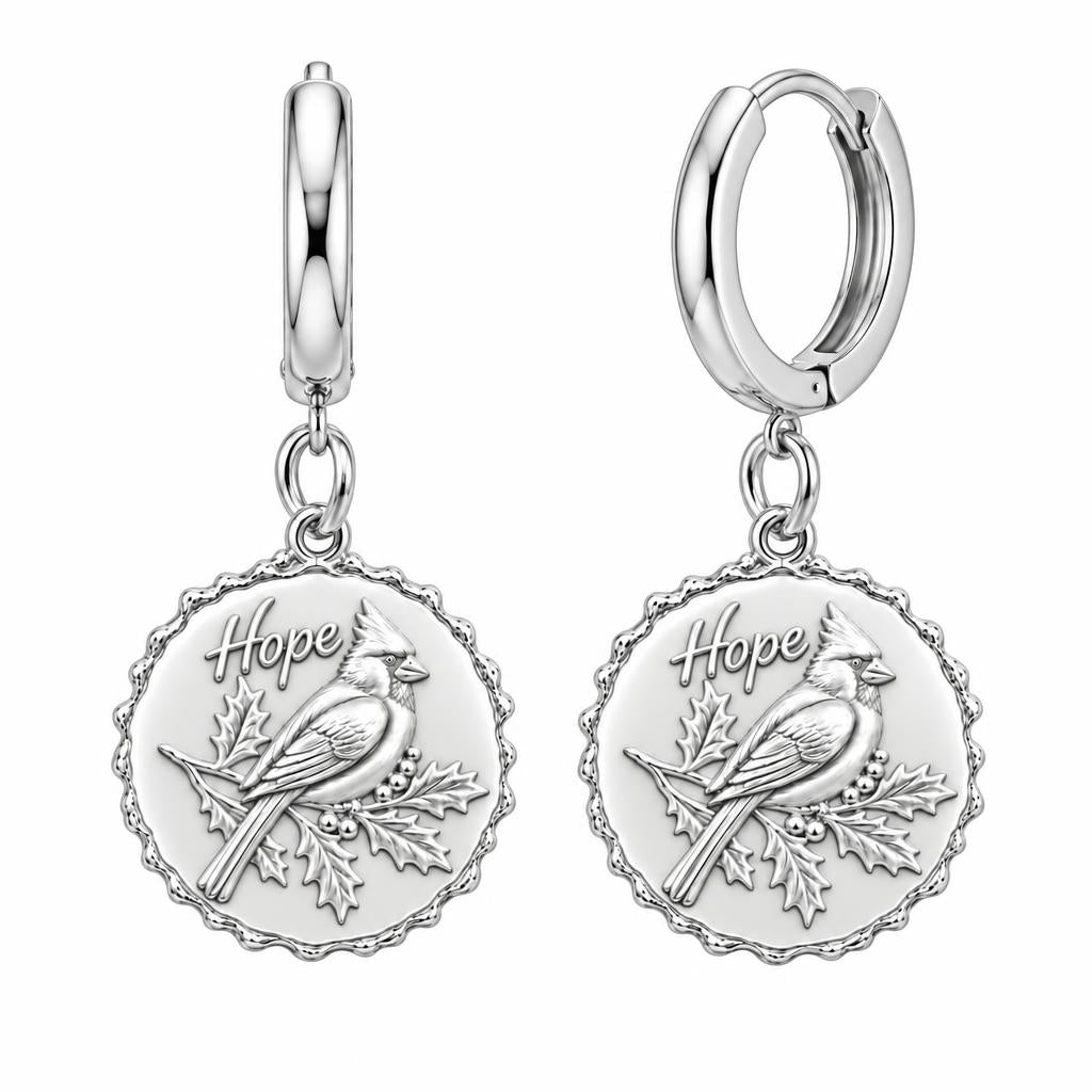 Hopeful Winter Cardinal Huggie Charm Earrings – silver, front view