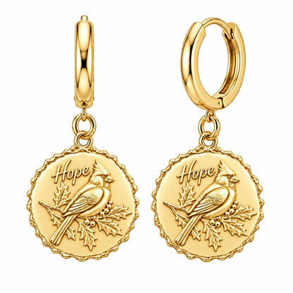 Hopeful Winter Cardinal Huggie Charm Earrings – 18K gold, front view