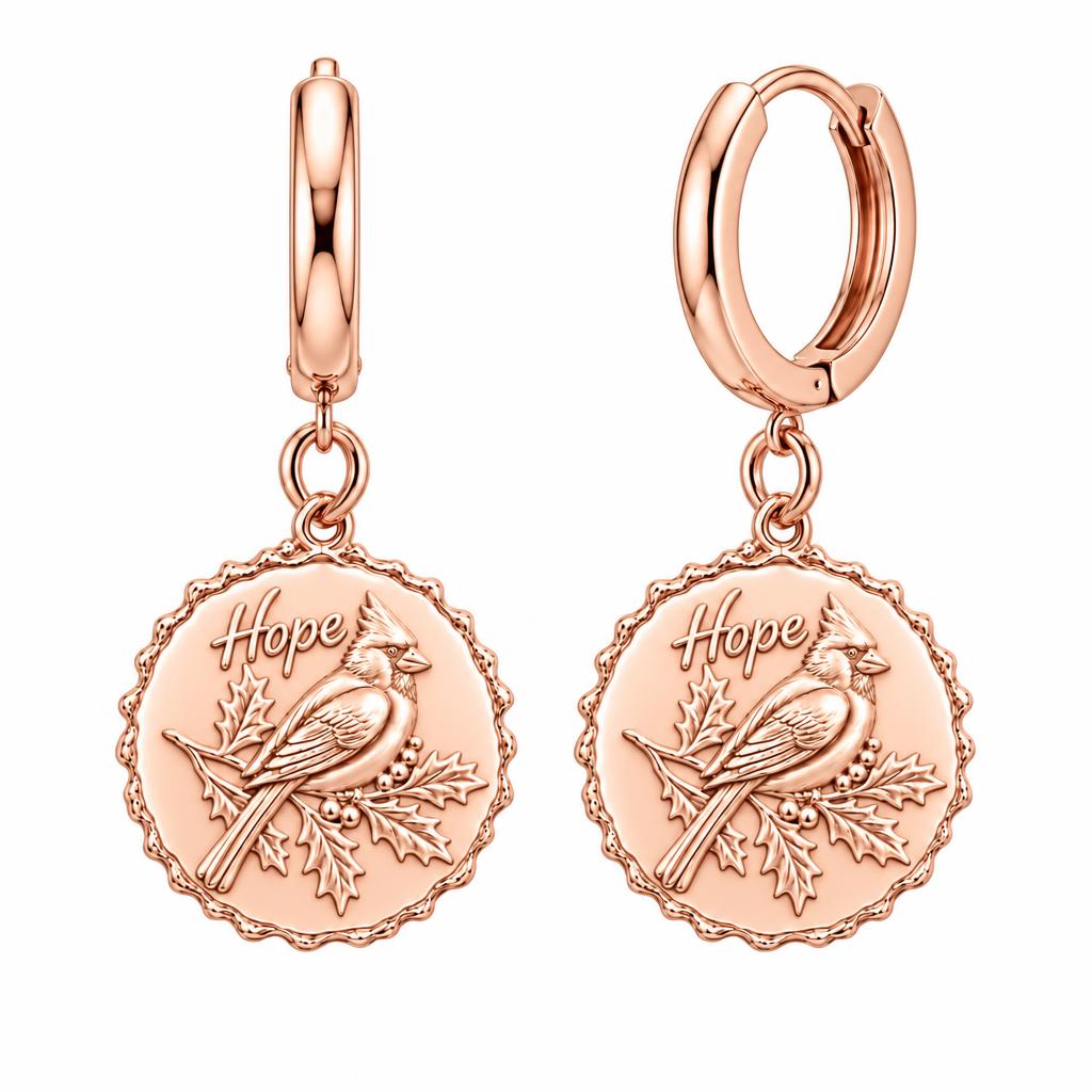 Hopeful Winter Cardinal Huggie Charm Earrings – rose gold, front view