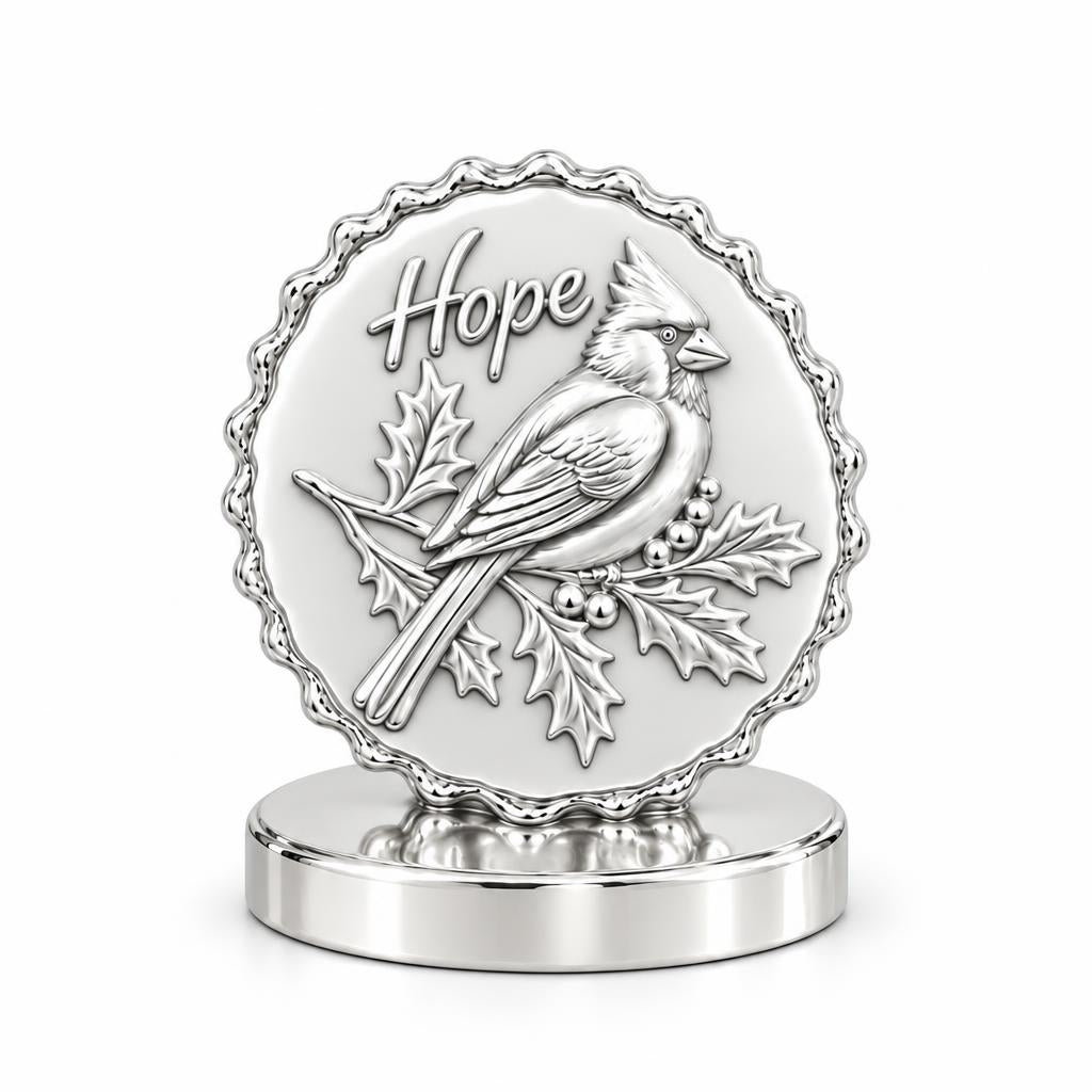 Hopeful Winter Cardinal Keepsake Plaque – silver, front view