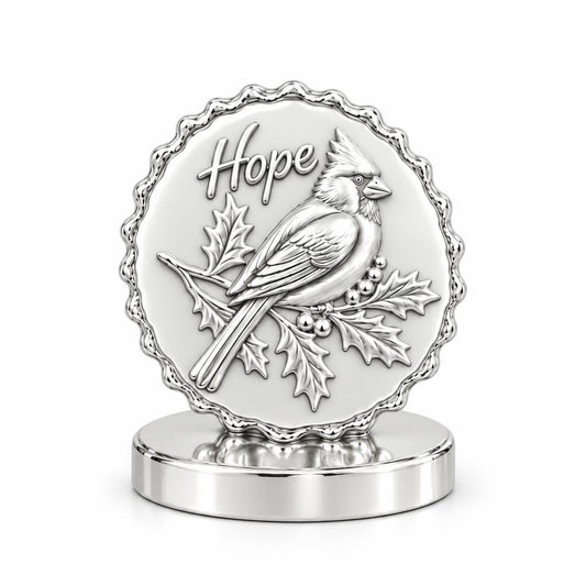 Hopeful Winter Cardinal Keepsake Plaque – silver, front view