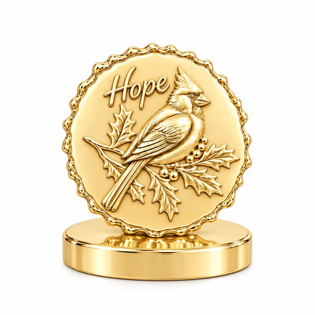 Hopeful Winter Cardinal Keepsake Plaque – 18K gold, front view