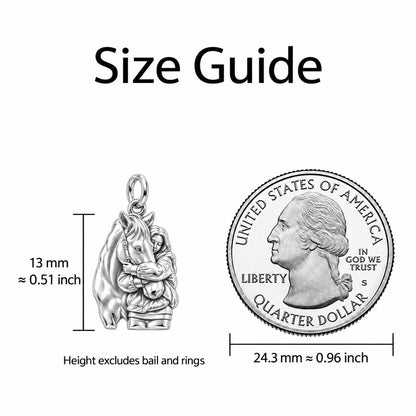 Horse Hug Charm – size guide, 13 mm charm next to a quarter