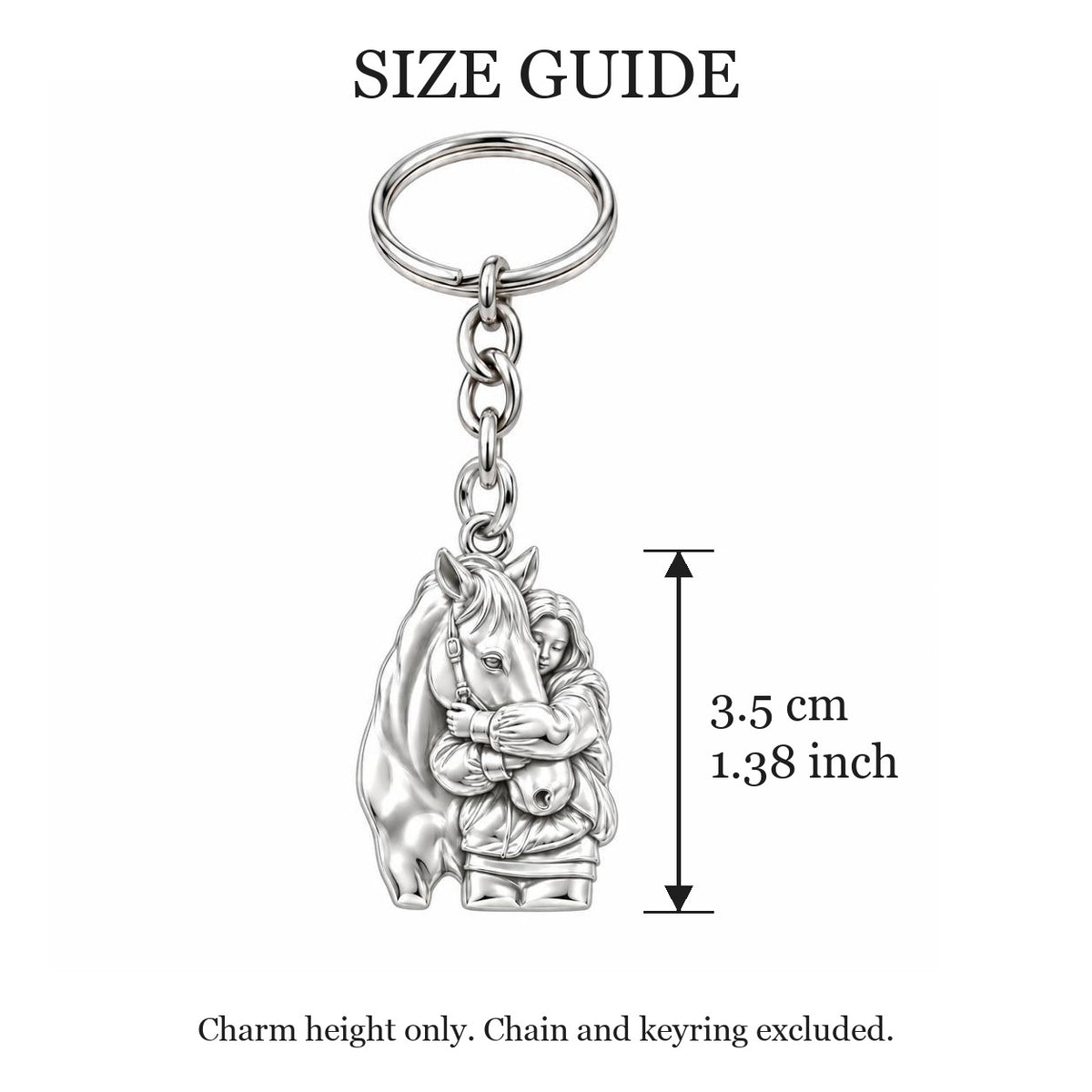 Horse Hug Charm Keychain – size guide, 3.5 cm (1.38 in) charm, chain and keyring excluded