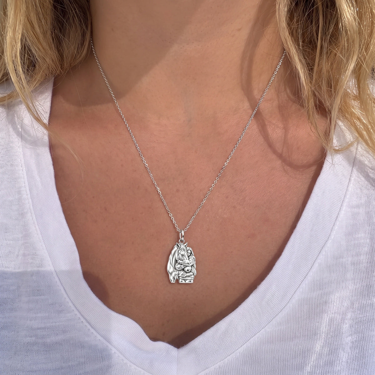Horse Hug Charm Necklace Set – worn / in use