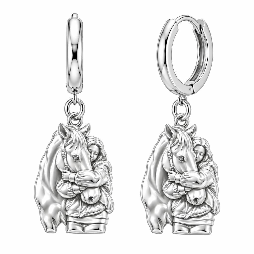 Horse Hug Huggie Charm Earrings – silver, front view