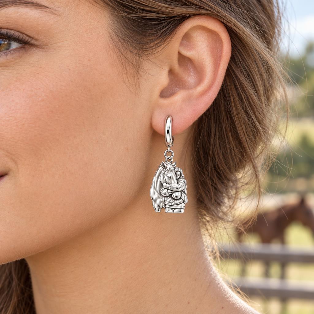 Horse Hug Huggie Charm Earrings – worn / in use