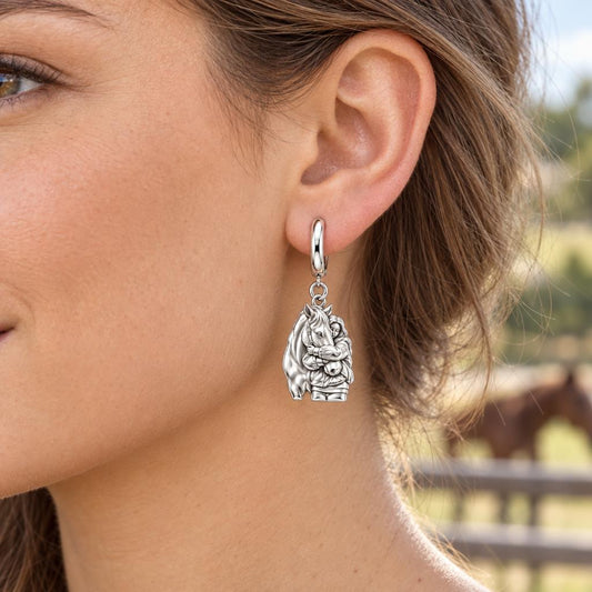 Horse Hug Huggie Charm Earrings – worn / in use