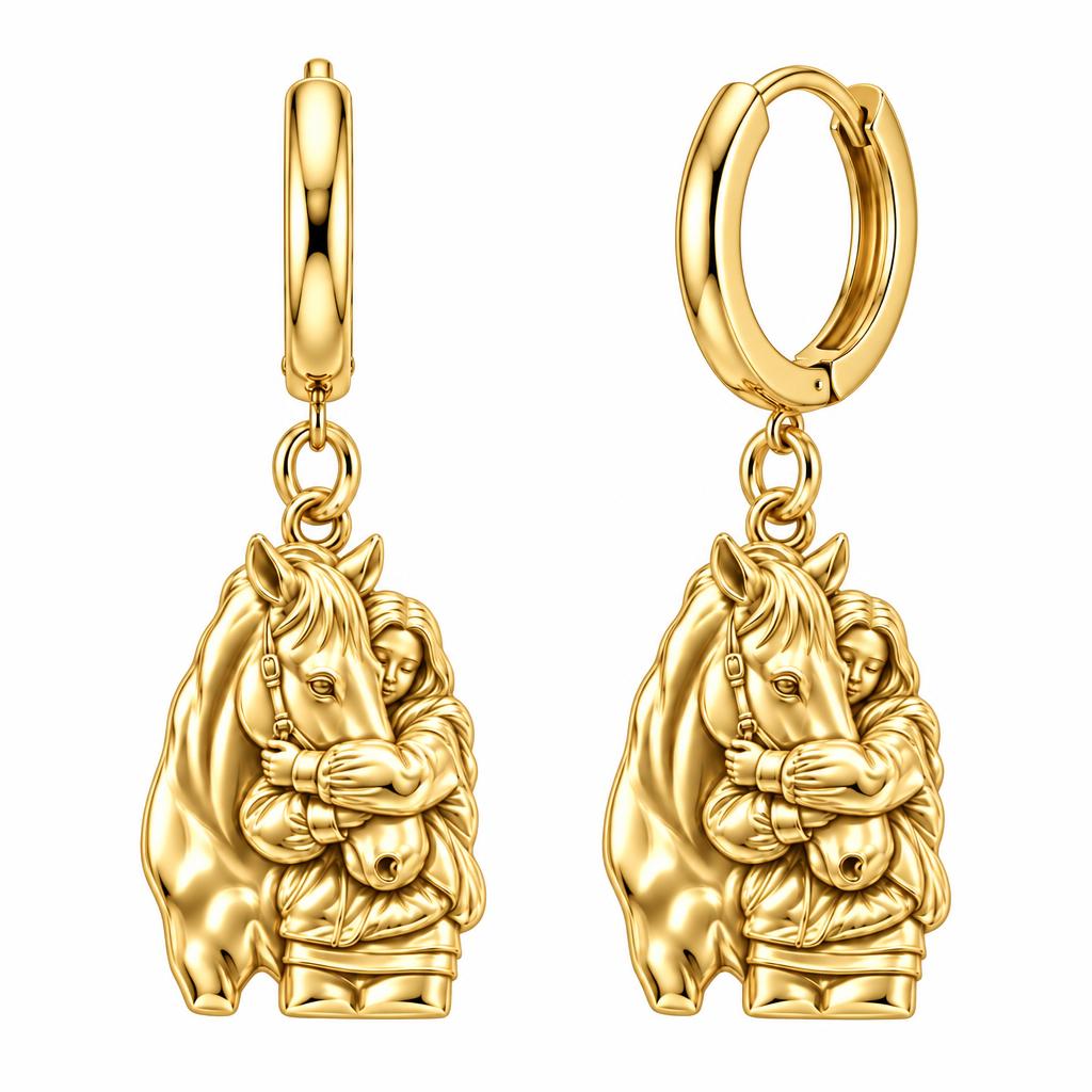 Horse Hug Huggie Charm Earrings – 18K gold, front view