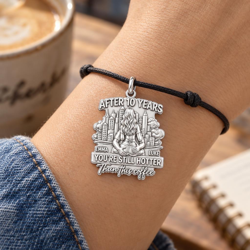 Hotter Than Coffee Charm Bracelet – Personalized Couple Gift – worn on the wrist on a black cord bracelet
