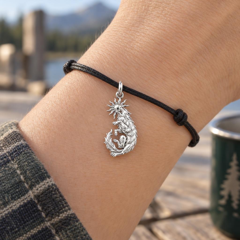 Howling Wolf and Sun Charm Bracelet – Personalized Son Gift – worn on the wrist on a black cord bracelet