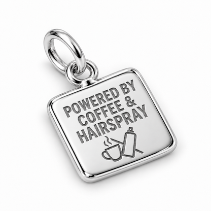 Powered by Coffee & Hairspray Dangle Charm | macro | sha256:af87f9273ddcd9cd10a697f67230c5c60110d97e4876a8c3f017a60427098d7e