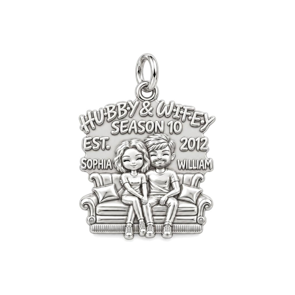 Hubby and Wifey Sofa Charm Bracelet – Personalized Couple Gift – silver plated 3 cm charm, front view