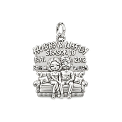 Hubby and Wifey Sofa Charm Bracelet – Personalized Couple Gift – silver plated 3 cm charm, front view