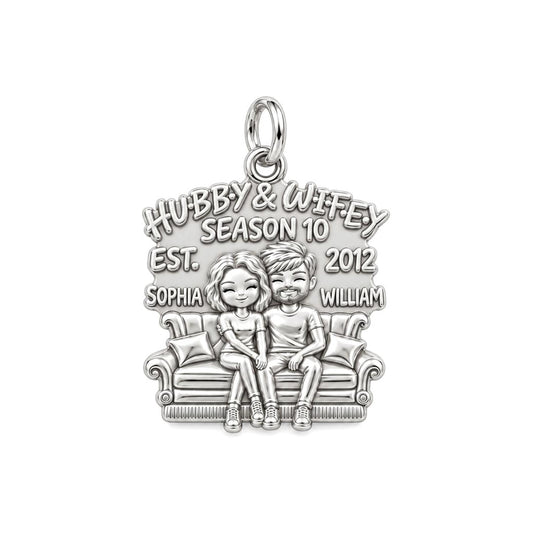 Hubby and Wifey Sofa Charm Bracelet – Personalized Couple Gift – silver plated 3 cm charm, front view