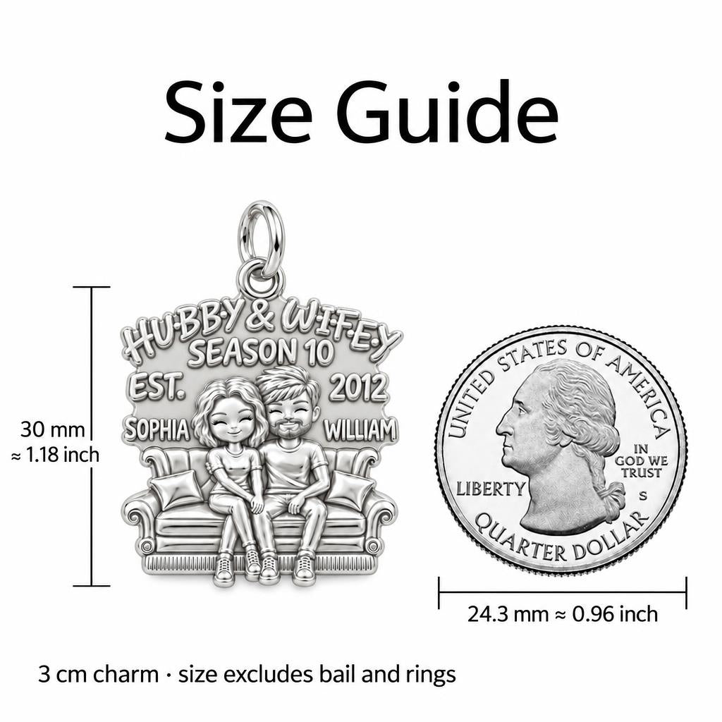 Hubby and Wifey Sofa Charm Bracelet – Personalized Couple Gift – size guide, 3 cm charm next to a quarter