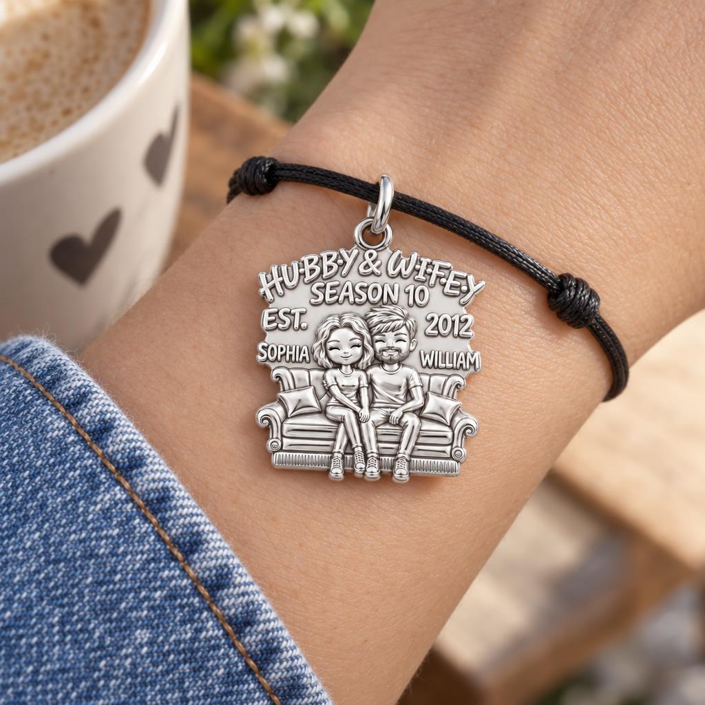Hubby and Wifey Sofa Charm Bracelet – Personalized Couple Gift – worn on the wrist on a black cord bracelet