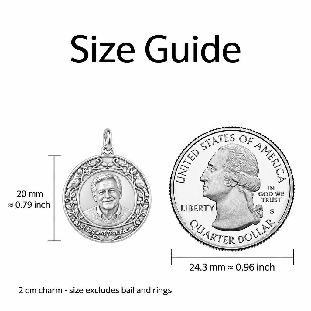Hug From Heaven Cardinal Charm Bracelet – Personalized Memorial Gift – size guide, 2 cm charm next to a quarter