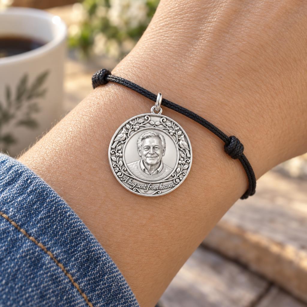 Hug From Heaven Cardinal Charm Bracelet – Personalized Memorial Gift – worn on the wrist on a black cord bracelet