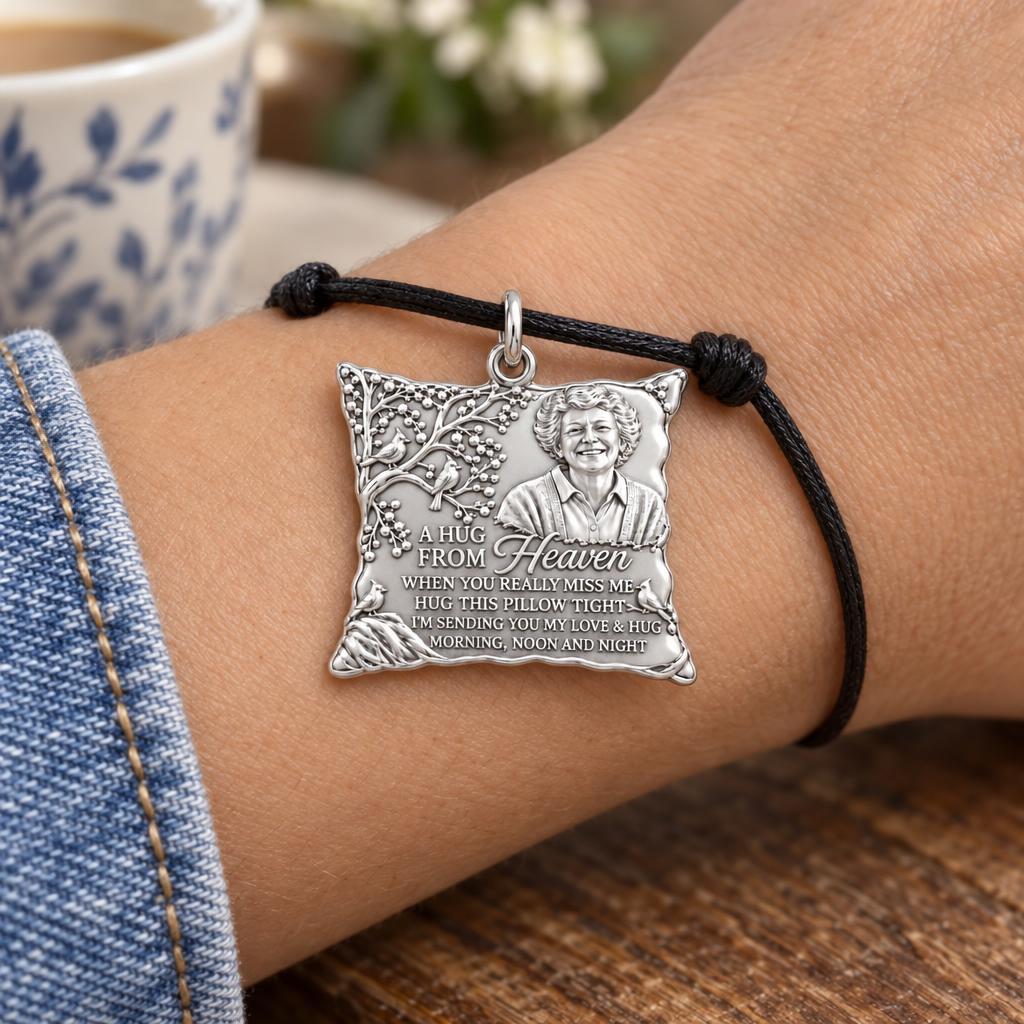 Hug From Heaven Charm Bracelet – Personalized Memorial Gift – worn on the wrist on a black cord bracelet