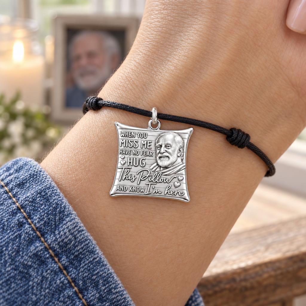 Hug This Pillow Portrait Charm Bracelet – Personalized Bereavement – worn on the wrist on a black cord bracelet